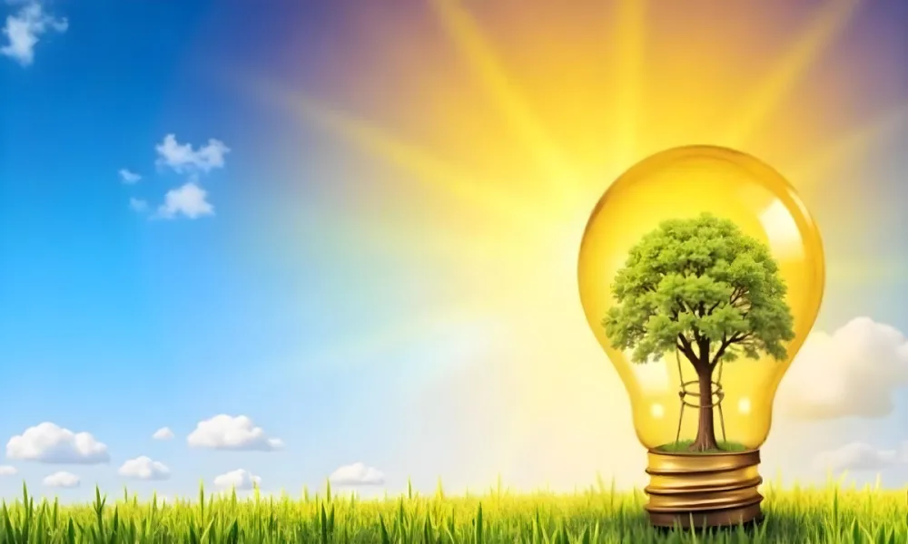 A Light Bulb With A Tree Inside On A Green Field With A Blue And Yellow Sky 70 C559