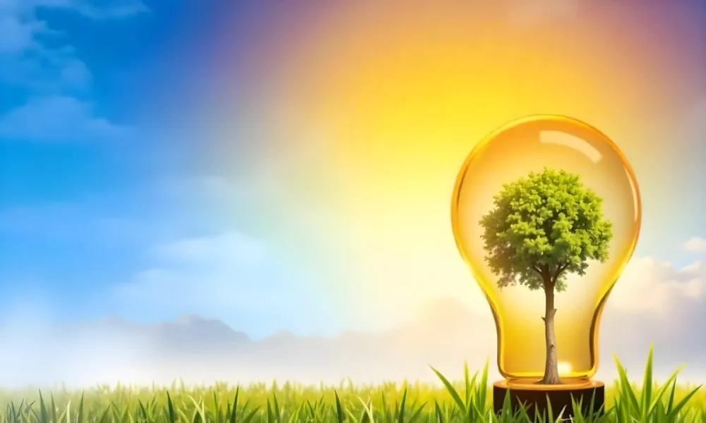 A Light Bulb With A Tree Inside On A Green Field With A Blue And Yellow Sky 88 646e