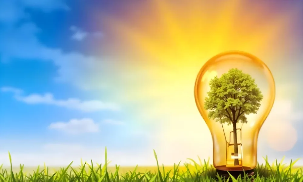A Light Bulb With A Tree Inside On A Green Field With A Blue And Yellow Sky 90 5cd7