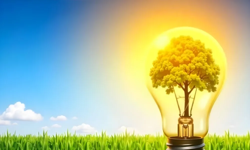 A Light Bulb With A Tree Inside On A Green Field With A Blue And Yellow Sky 92 D01f