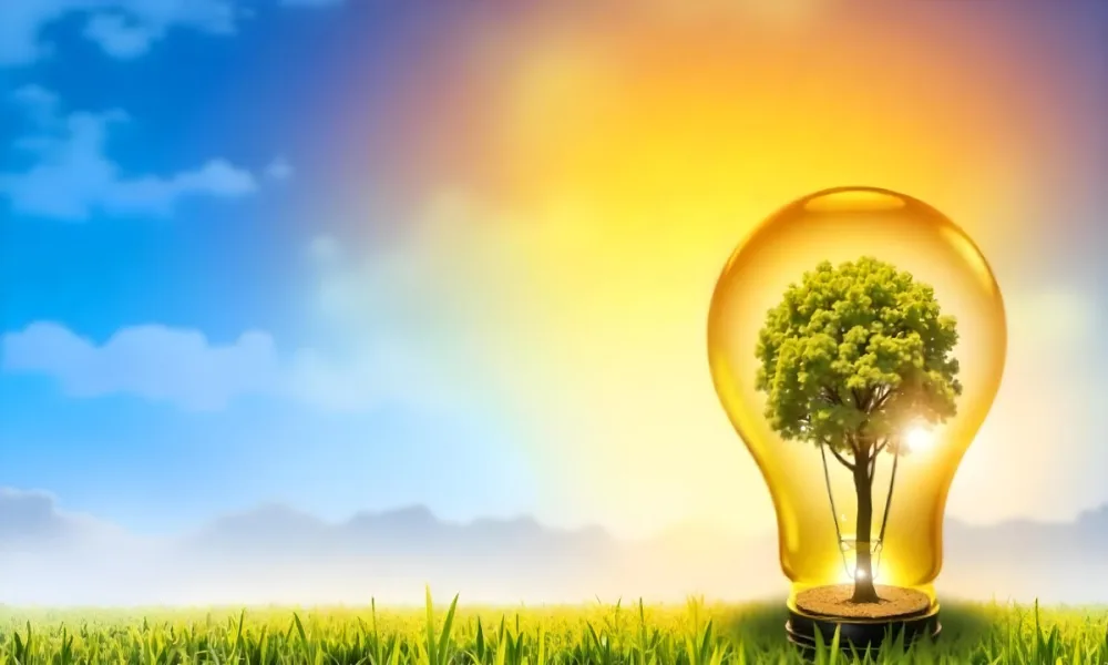 A Light Bulb With A Tree Inside On A Green Field With A Blue And Yellow Sky 96 B35e