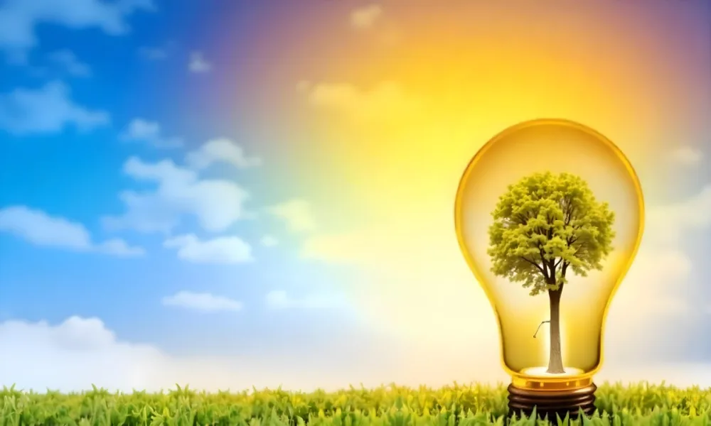 A Light Bulb With A Tree Inside On A Green Field With A Blue And Yellow Sky 98 885b