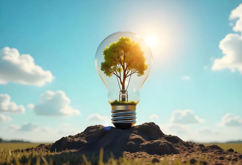 A Light Bulb With A Tree Inside On A Mound Of Dirt With A Bright Sun And A Blue Sky With White Clouds In The Background 1 060e