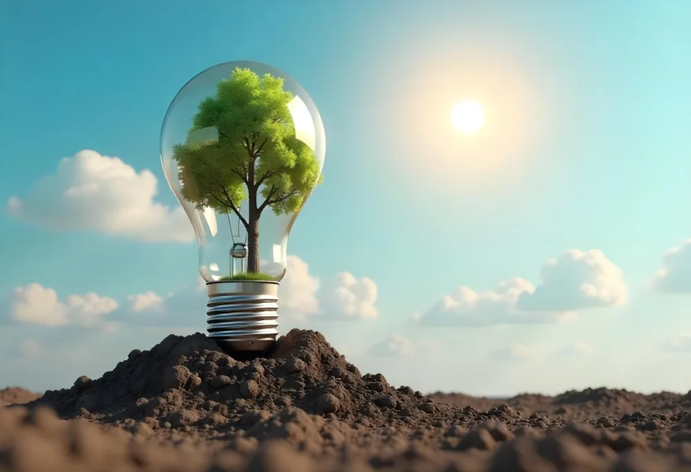 A Light Bulb With A Tree Inside On A Mound Of Dirt With A Bright Sun And A Blue Sky With White Clouds In The Background 17 0acd