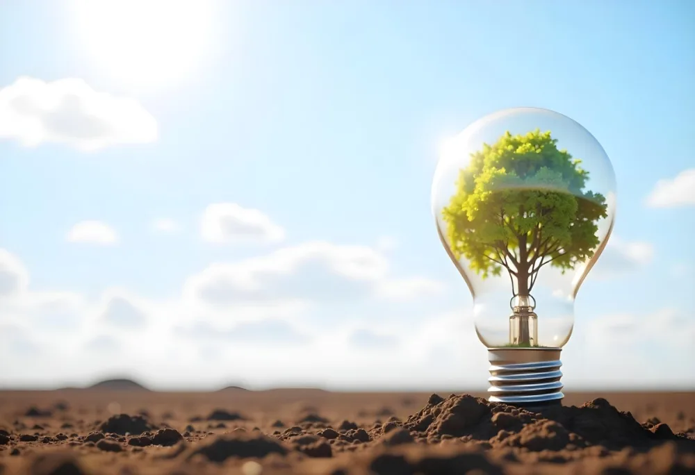 A Light Bulb With A Tree Inside On A Mound Of Dirt With A Bright Sun And A Blue Sky With White Clouds In The Background 22 035d