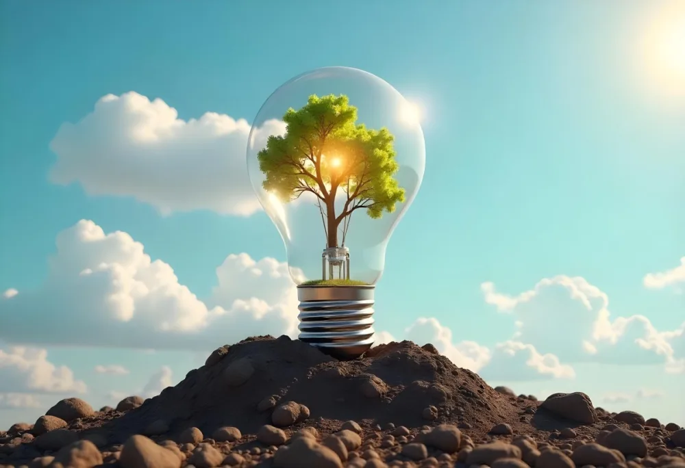 A Light Bulb With A Tree Inside On A Mound Of Dirt With A Bright Sun And A Blue Sky With White Clouds In The Background 26 4431