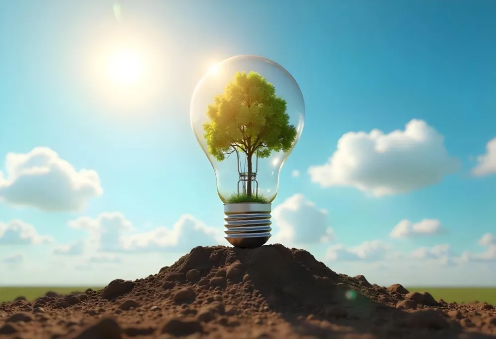 A Light Bulb With A Tree Inside On A Mound Of Dirt With A Bright Sun And A Blue Sky With White Clouds In The Background 31 C80b