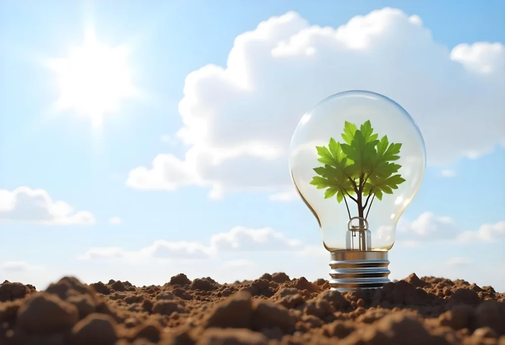 A Light Bulb With A Tree Inside On A Mound Of Dirt With A Bright Sun And A Blue Sky With White Clouds In The Background 35 15fb