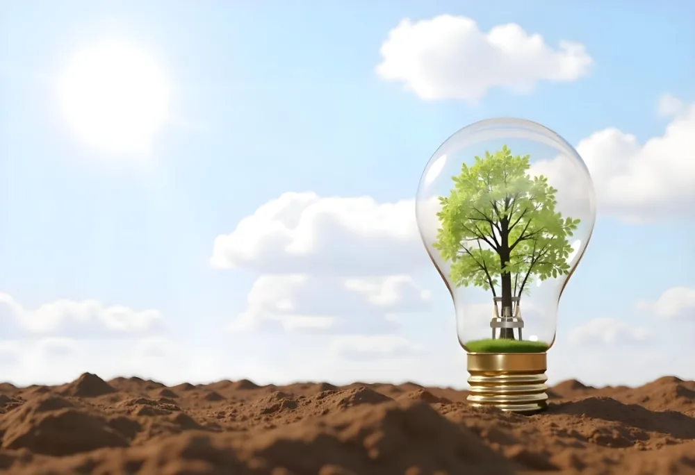 A Light Bulb With A Tree Inside On A Mound Of Dirt With A Bright Sun And A Blue Sky With White Clouds In The Background 43 B1ee