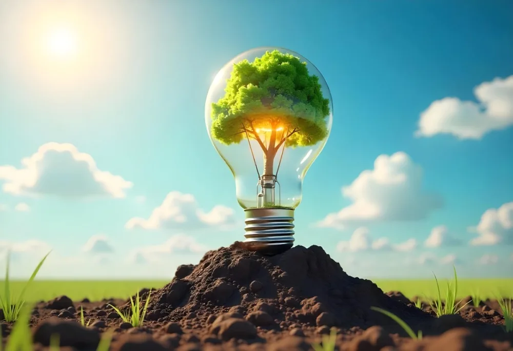 A Light Bulb With A Tree Inside On A Mound Of Dirt With A Bright Sun And A Blue Sky With White Clouds In The Background 44 A2e9