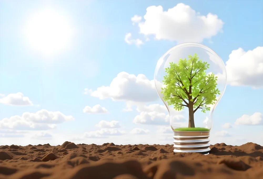 A Light Bulb With A Tree Inside On A Mound Of Dirt With A Bright Sun And A Blue Sky With White Clouds In The Background 45 0264