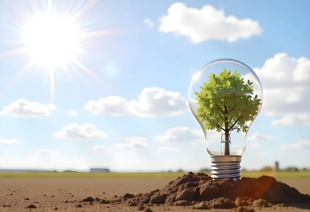 A Light Bulb With A Tree Inside On A Mound Of Dirt With A Bright Sun And A Blue Sky With White Clouds In The Background 47 00e3