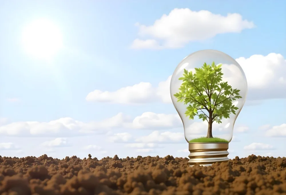 A Light Bulb With A Tree Inside On A Mound Of Dirt With A Bright Sun And A Blue Sky With White Clouds In The Background 7 6deb