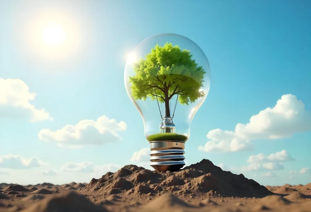 A Light Bulb With A Tree Inside On A Mound Of Dirt With A Bright Sun And A Blue Sky With White Clouds In The Background 8 Be8a