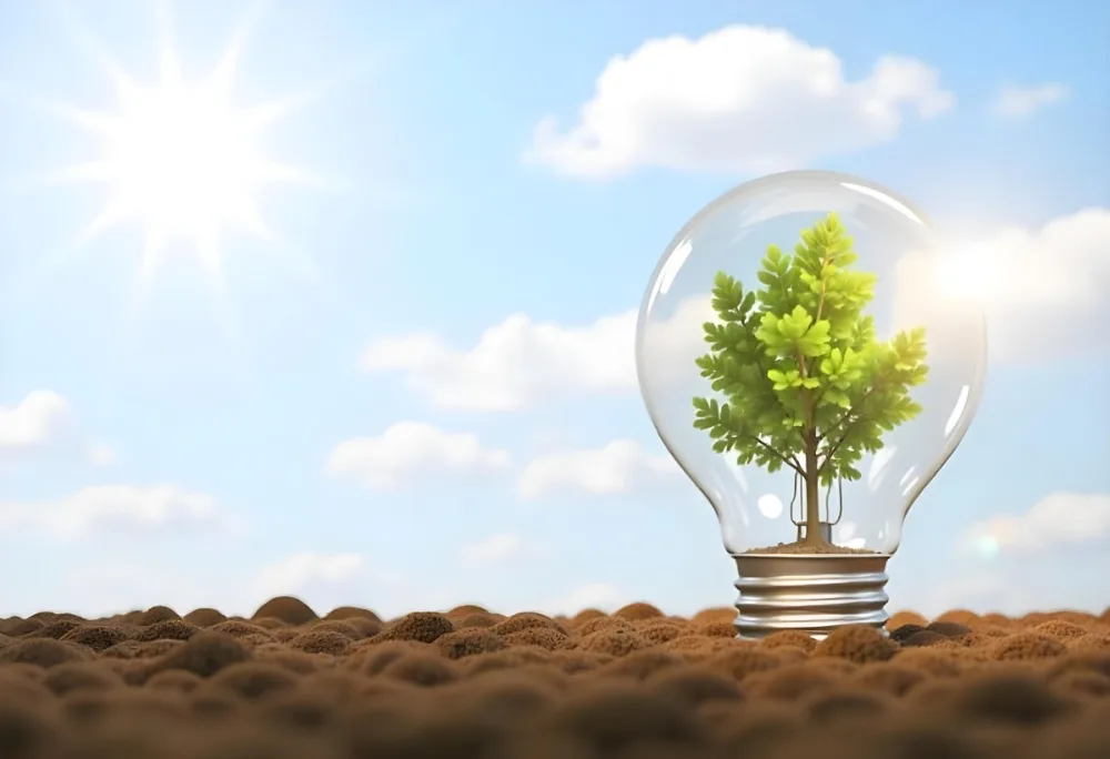 A Light Bulb With A Tree Inside On A Mound Of Dirt With A Bright Sun And A Blue Sky With White Clouds In The Background 9 8ccb