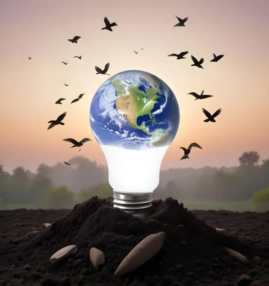 A Light Bulb With The Earth As The Bulb On Top Of A Pile Of Dirt Birds Flying In The Sky Sunset Background 14 3aff