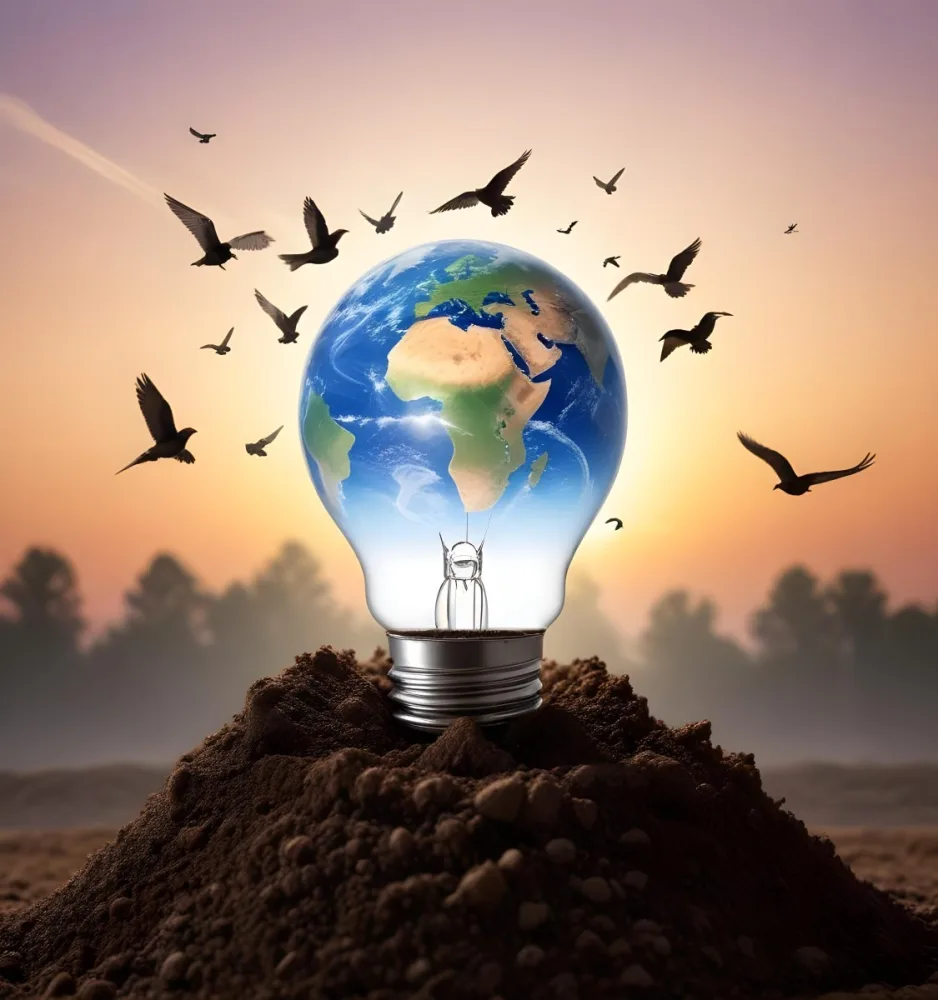 A Light Bulb With The Earth As The Bulb On Top Of A Pile Of Dirt Birds Flying In The Sky Sunset Background 19 B1c2