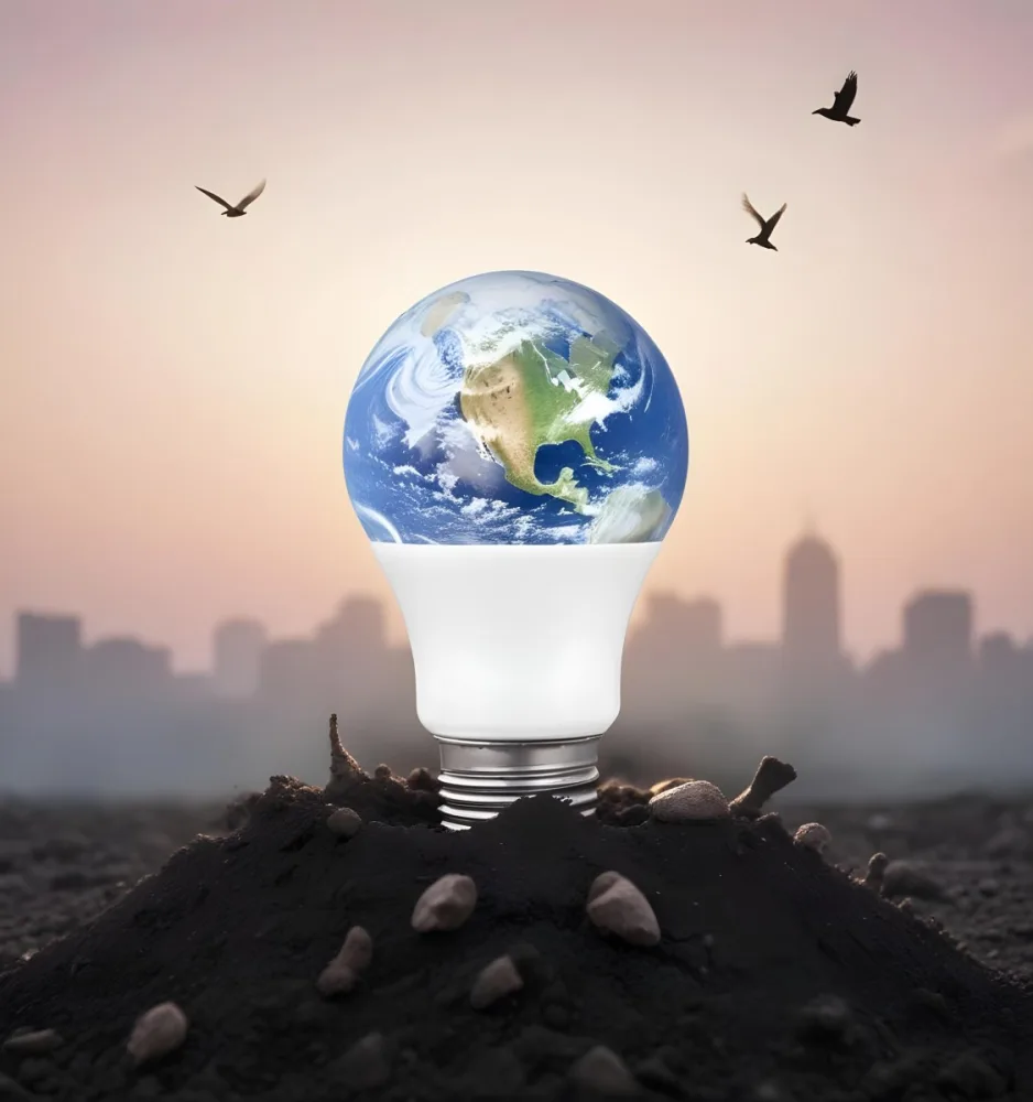 A Light Bulb With The Earth As The Bulb On Top Of A Pile Of Dirt Birds Flying In The Sky Sunset Background 22 D700