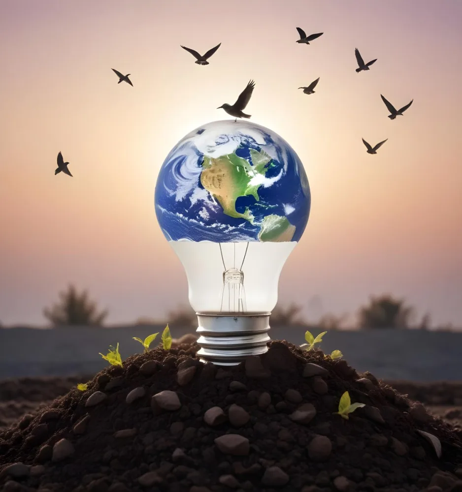 A Light Bulb With The Earth As The Bulb On Top Of A Pile Of Dirt Birds Flying In The Sky Sunset Background 28 6068