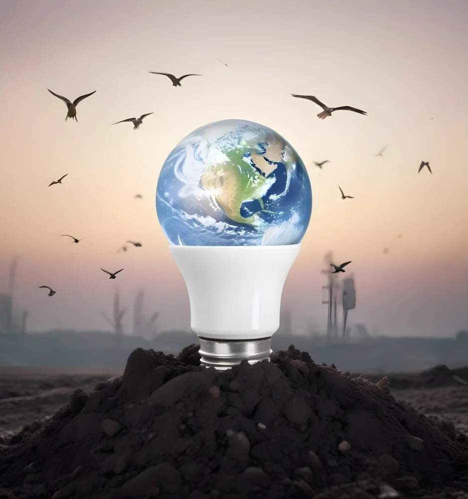 A Light Bulb With The Earth As The Bulb On Top Of A Pile Of Dirt Birds Flying In The Sky Sunset Background 29 40c5