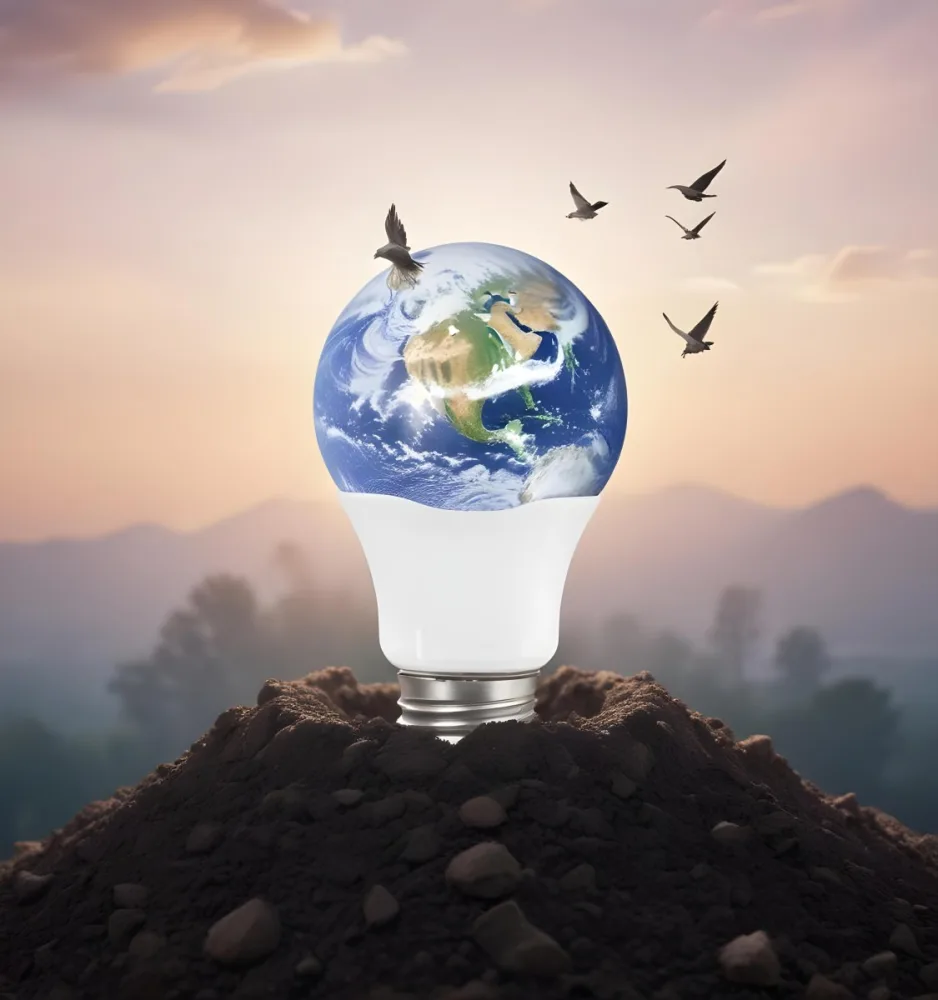 A Light Bulb With The Earth As The Bulb On Top Of A Pile Of Dirt Birds Flying In The Sky Sunset Background 31 A0ce