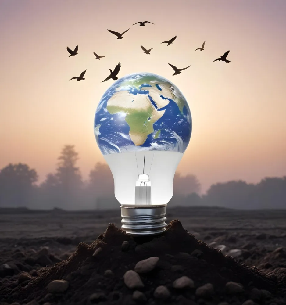 A Light Bulb With The Earth As The Bulb On Top Of A Pile Of Dirt Birds Flying In The Sky Sunset Background 45 Afd8