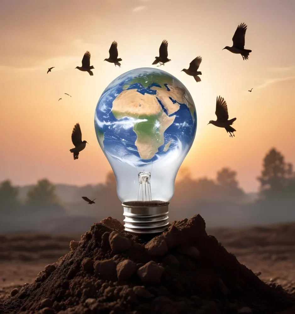 A Light Bulb With The Earth As The Bulb On Top Of A Pile Of Dirt Birds Flying In The Sky Sunset Background 47 399b