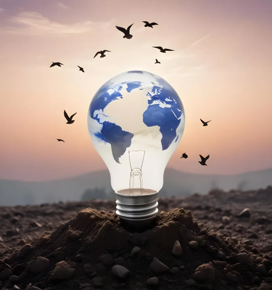 A Light Bulb With The Earth As The Bulb On Top Of A Pile Of Dirt Birds Flying In The Sky Sunset Background 48 Cbde