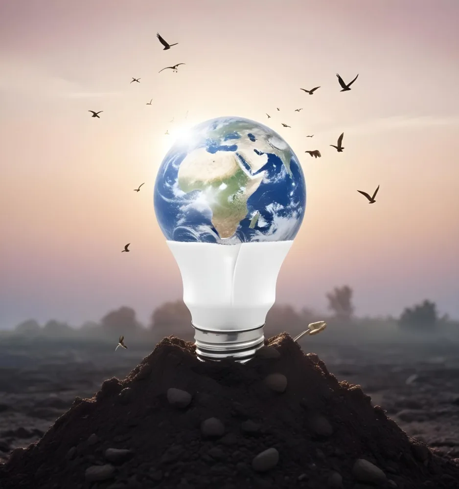 A Light Bulb With The Earth As The Bulb On Top Of A Pile Of Dirt Birds Flying In The Sky Sunset Background 5 495f