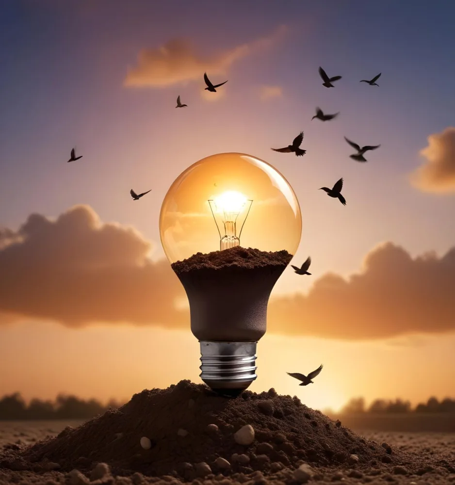 A Light Bulb With The Earth As The Bulb On Top Of A Pile Of Dirt Birds Flying In The Sky Sunset Background 50 F9a3