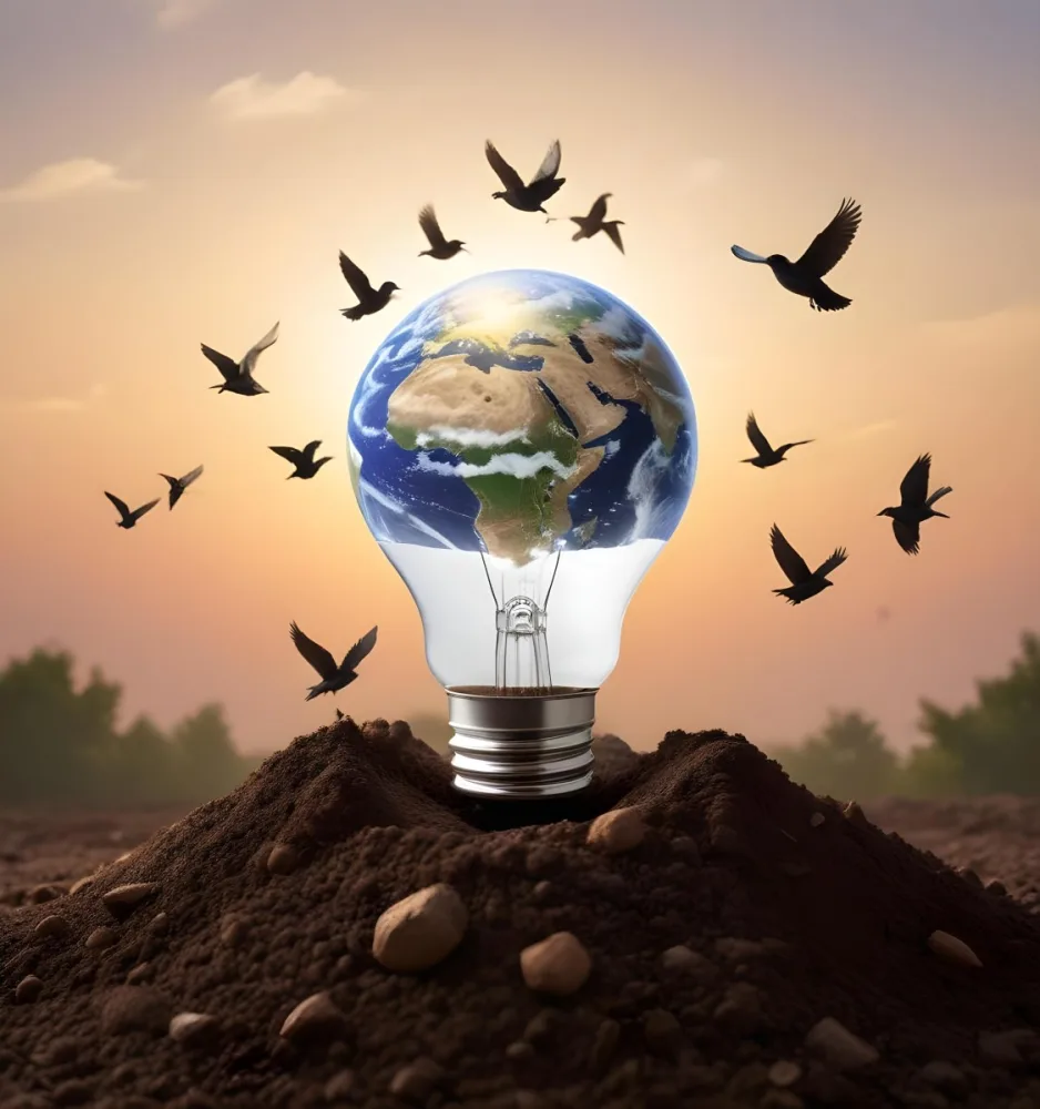 A Light Bulb With The Earth As The Bulb On Top Of A Pile Of Dirt Birds Flying In The Sky Sunset Background 52 B883