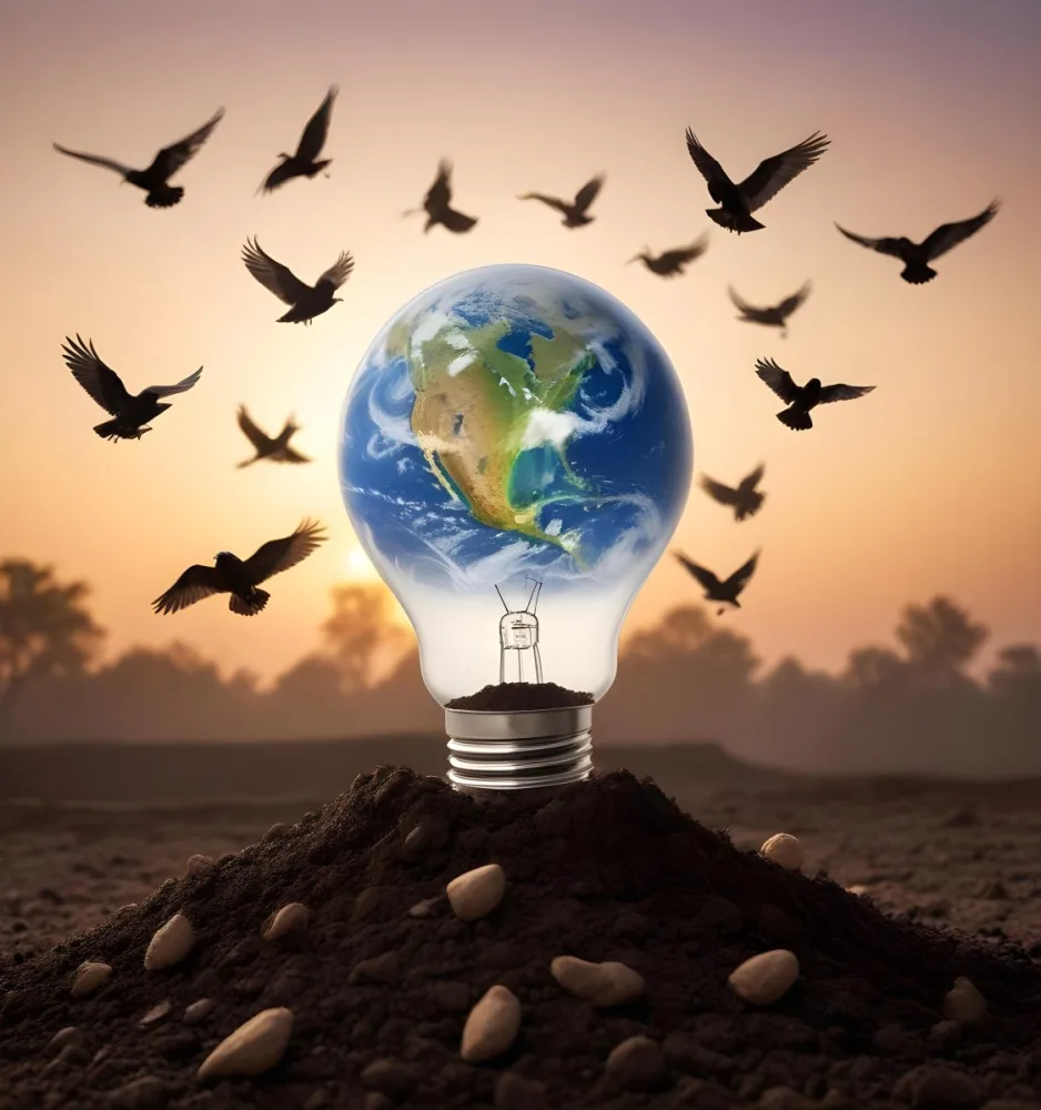 A Light Bulb With The Earth As The Bulb On Top Of A Pile Of Dirt Birds Flying In The Sky Sunset Background 6 6f12
