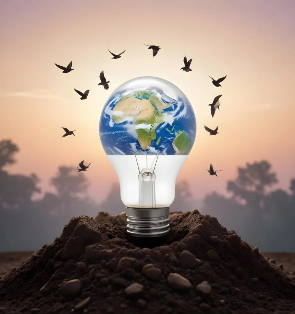 A Light Bulb With The Earth As The Bulb On Top Of A Pile Of Dirt Birds Flying In The Sky Sunset Background 7 E7fd