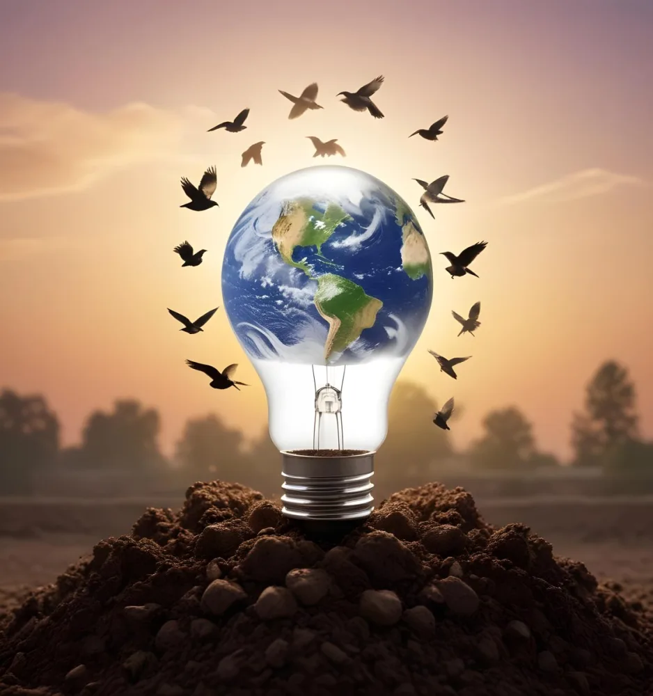 A Light Bulb With The Earth As The Bulb On Top Of A Pile Of Dirt Birds Flying In The Sky Sunset Background 8 41eb