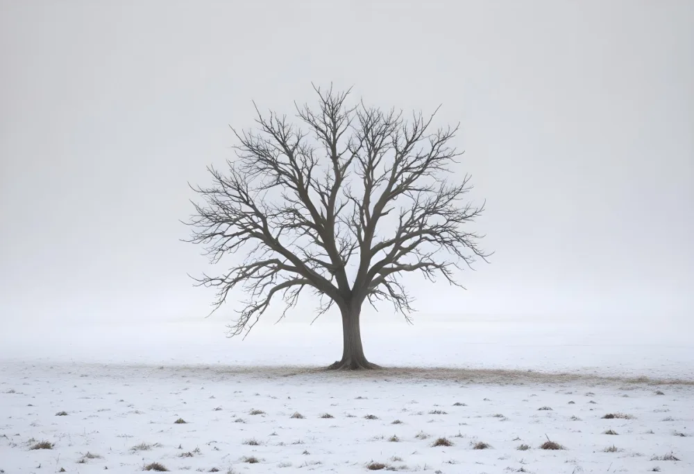 A Lone Bare Tree In A Snowy Field On A Foggy Winter Day 10 D32a