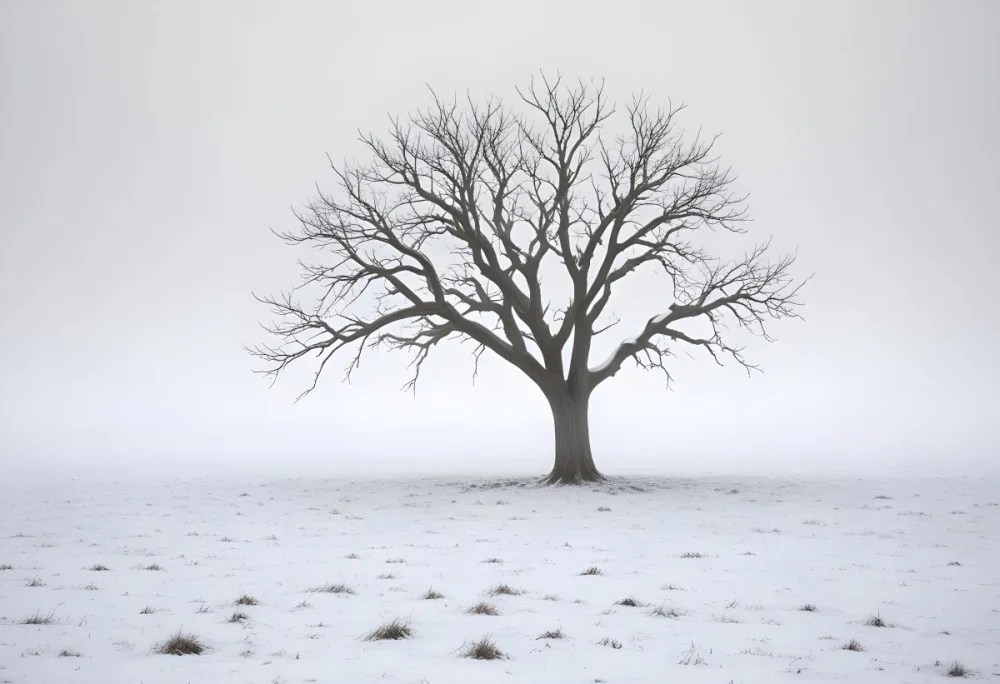 A Lone Bare Tree In A Snowy Field On A Foggy Winter Day 25 77f8