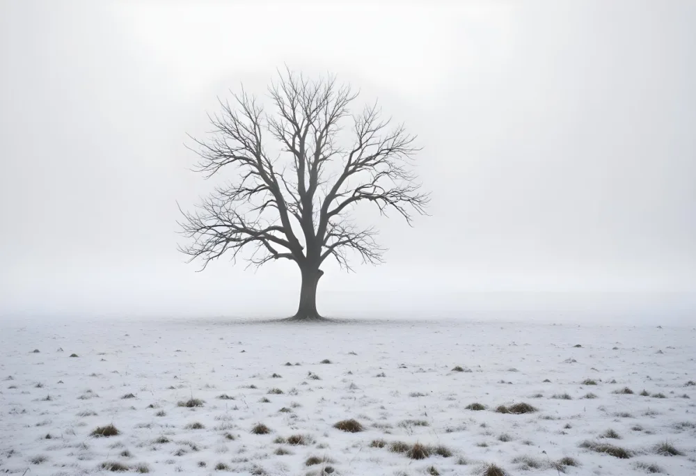 A Lone Bare Tree In A Snowy Field On A Foggy Winter Day 7 433f