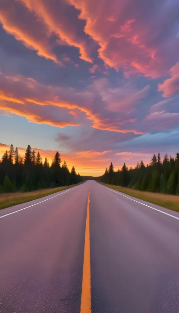 A Long Winding Road Through A Forest At Sunset The Sky Is Filled With Vibrant Shades Of Orange Pink Clouds The Road Stretches Out Into The Distance With Tall Pine Trees Lining Both Sides 1 9bfc