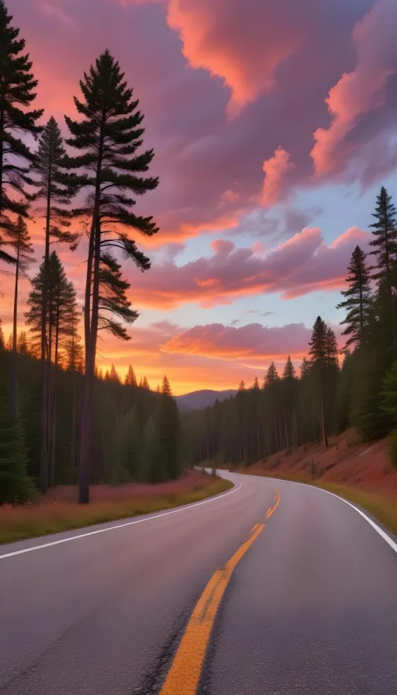 A Long Winding Road Through A Forest At Sunset The Sky Is Filled With Vibrant Shades Of Orange Pink Clouds The Road Stretches Out Into The Distance With Tall Pine Trees Lining Both Sides 2 Ed12