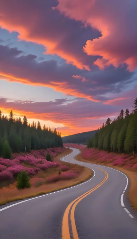 A Long Winding Road Through A Forest At Sunset The Sky Is Filled With Vibrant Shades Of Orange Pink Clouds The Road Stretches Out Into The Distance With Tall Pine Trees Lining Both Sides 3 1f2d