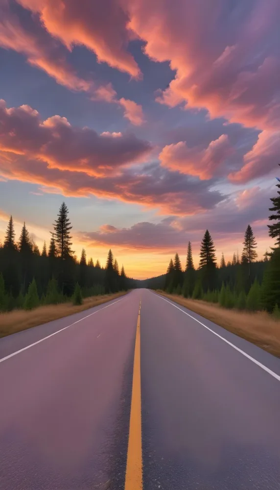 A Long Winding Road Through A Forest At Sunset The Sky Is Filled With Vibrant Shades Of Orange Pink Clouds The Road Stretches Out Into The Distance With Tall Pine Trees Lining Both Sides 4 Bf6e