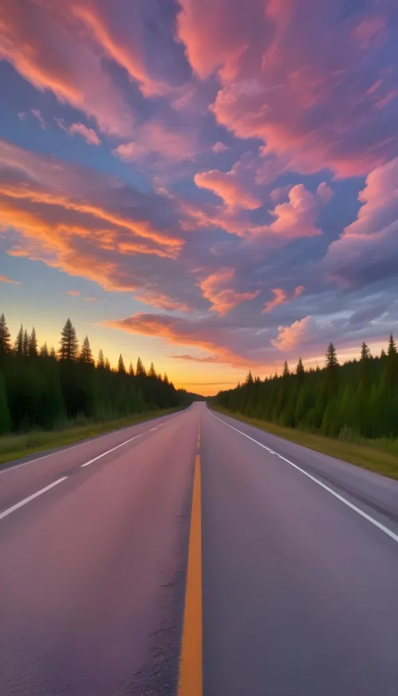 A Long Winding Road Through A Forest At Sunset The Sky Is Filled With Vibrant Shades Of Orange Pink Clouds The Road Stretches Out Into The Distance With Tall Pine Trees Lining Both Sides 6 1d78