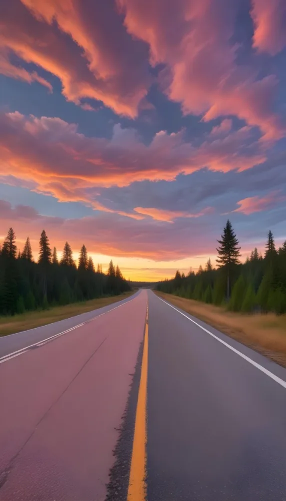 A Long Winding Road Through A Forest At Sunset The Sky Is Filled With Vibrant Shades Of Orange Pink Clouds The Road Stretches Out Into The Distance With Tall Pine Trees Lining Both Sides 7 6205