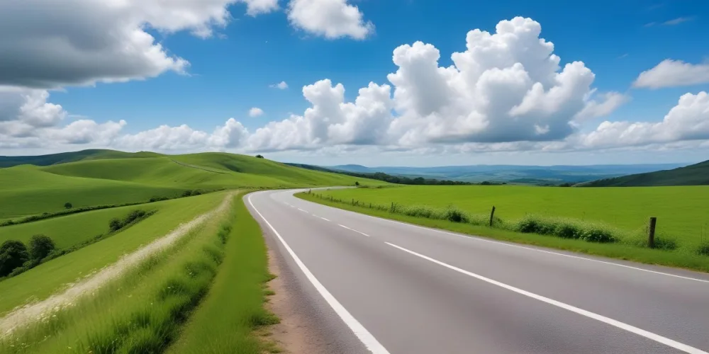 A Long Winding Road Through A Lush Green Countryside With Rolling Hills And Fluffy White Clouds In A Bright Blue Sky 5 D76b