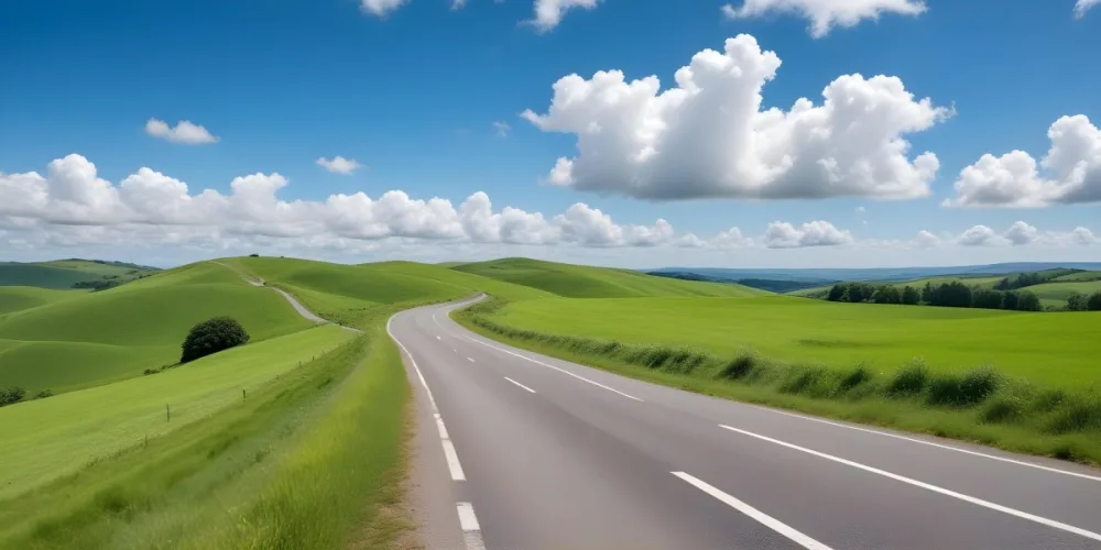 A Long Winding Road Through A Lush Green Countryside With Rolling Hills And Fluffy White Clouds In A Bright Blue Sky 6 D491
