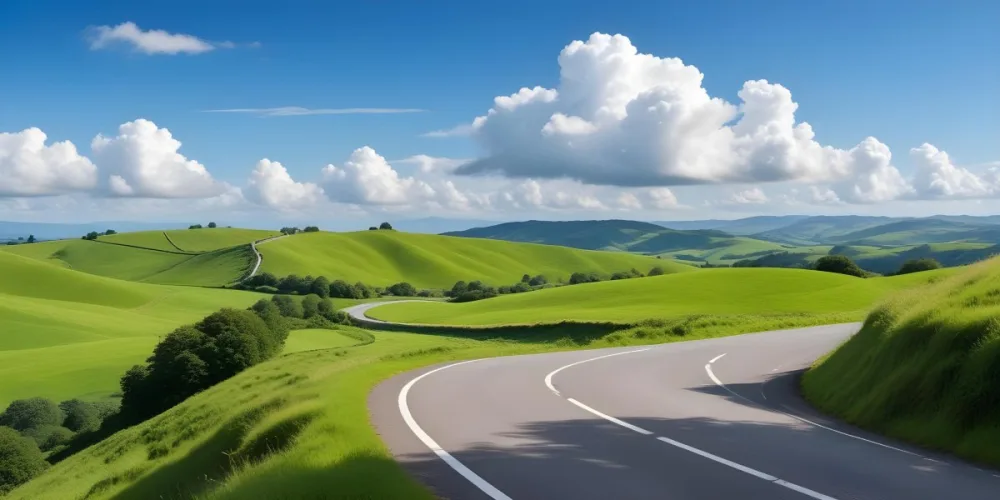 A Long Winding Road Through A Lush Green Countryside With Rolling Hills And Fluffy White Clouds In A Bright Blue Sky 7 507f