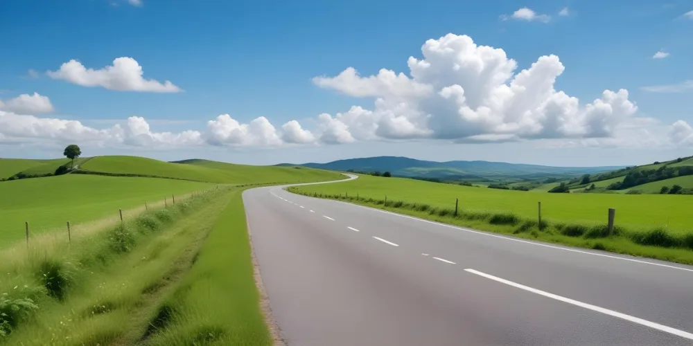 A Long Winding Road Through A Lush Green Countryside With Rolling Hills And Fluffy White Clouds In A Bright Blue Sky 8 2e7b