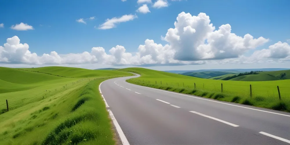 A Long Winding Road Through A Lush Green Countryside With Rolling Hills And Fluffy White Clouds In A Bright Blue Sky 9 7d9f