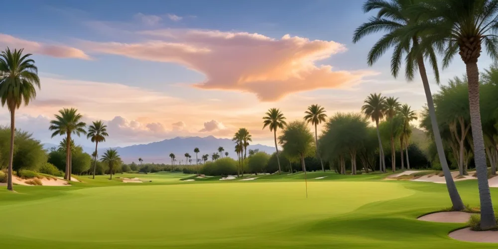 A Lush Green Golf Course With Palm Trees And A Cloudy Sky At Sunset Surrounded By Desert Landscape With Bright Orange Hues In The Sky Featuring Tall Grass In The Foreground 14 0fe5