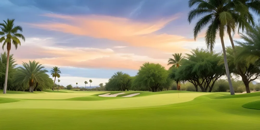 A Lush Green Golf Course With Palm Trees And A Cloudy Sky At Sunset Surrounded By Desert Landscape With Bright Orange Hues In The Sky Featuring Tall Grass In The Foreground 16 4ad3